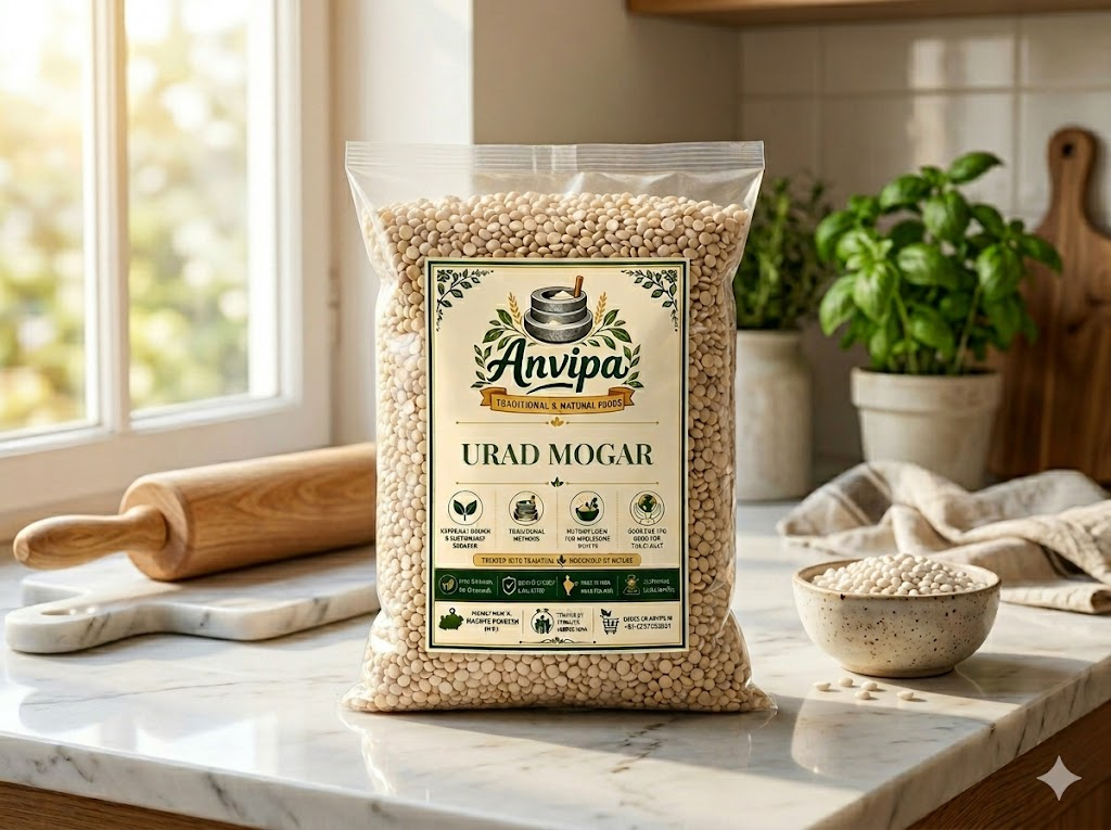 A premium pouch of Anvipa chemical-free Pure Urad Dal Mogar beside a small ceramic bowl showing clean, raw, unpolished ivory-white split urad dal.