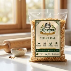 A premium pouch of Anvipa chemical-free Pure Desi Chana Dal beside a small bowl showing clean, raw, and unpolished yellow split Bengal gram.