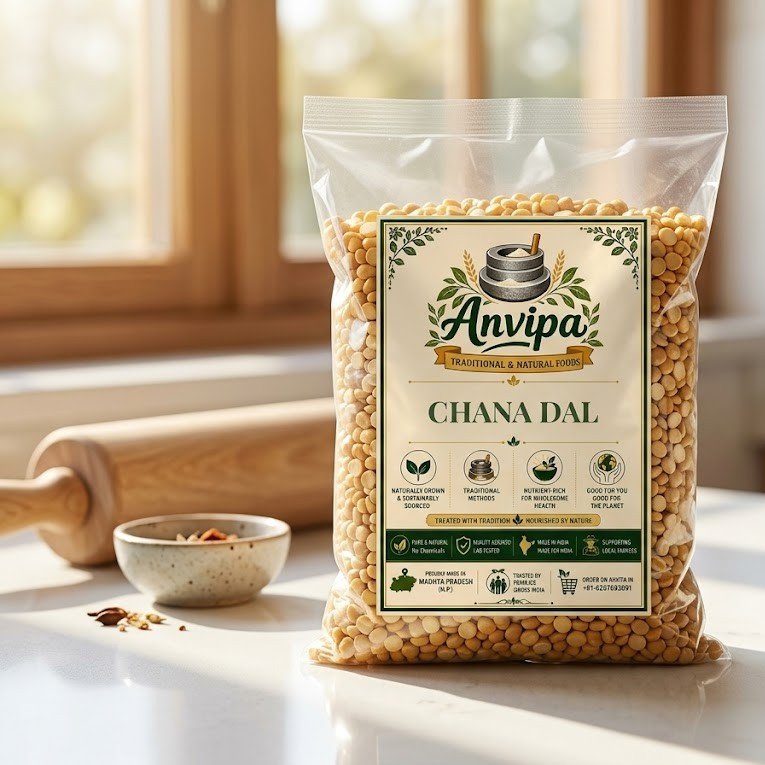 A premium pouch of Anvipa chemical-free Pure Desi Chana Dal beside a small bowl showing clean, raw, and unpolished yellow split Bengal gram.