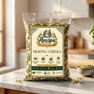 A premium pouch of Anvipa chemical-free Pure Moong Dal Chilka beside a small bowl showing clean, raw, and unpolished split green gram with husk.