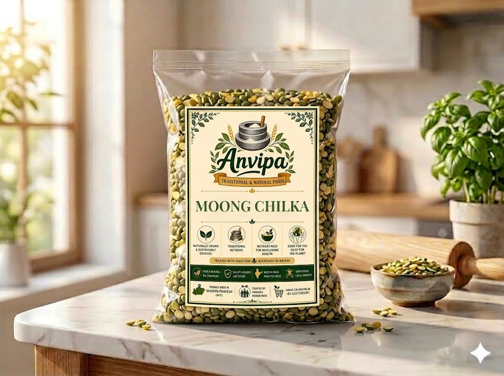 A premium pouch of Anvipa chemical-free Pure Moong Dal Chilka beside a small bowl showing clean, raw, and unpolished split green gram with husk.