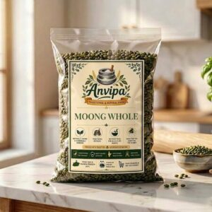 A premium pouch of Anvipa chemical-free Pure Whole Green Moong beside a small bowl showing clean, raw, unpolished sabut moong beans.