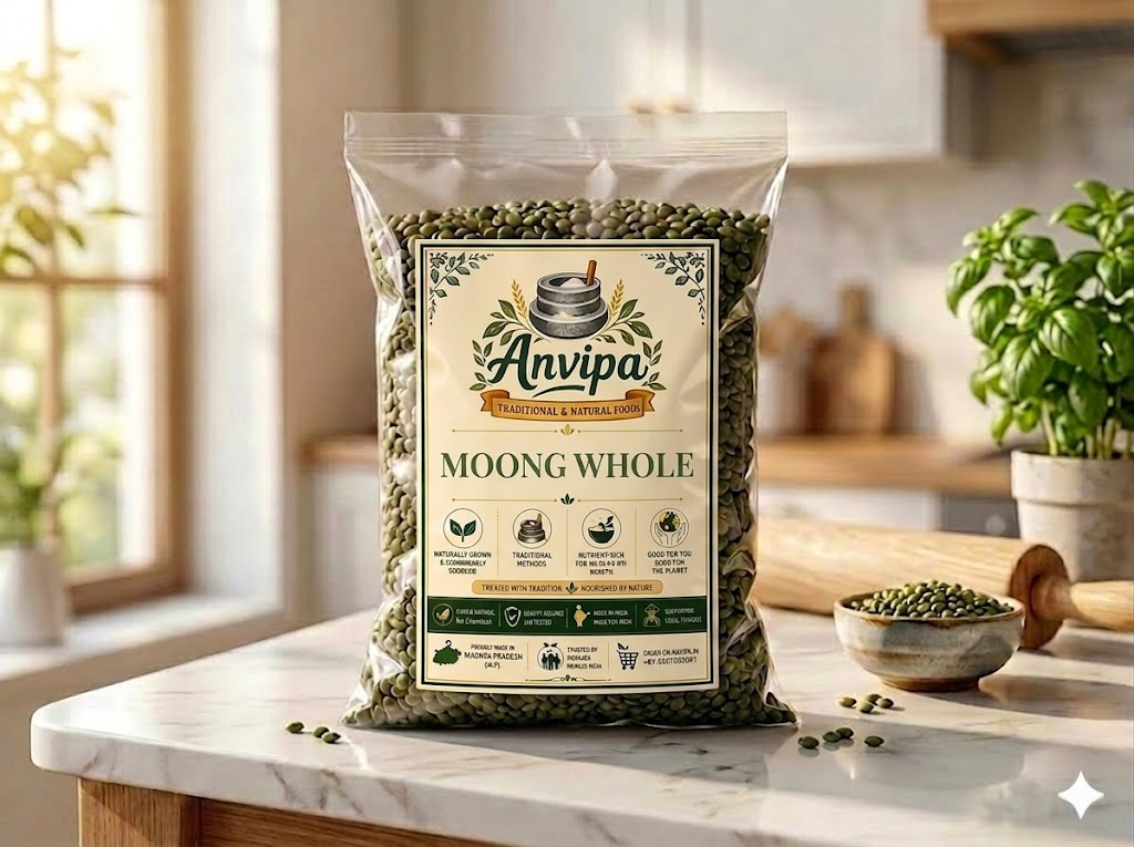 A premium pouch of Anvipa chemical-free Pure Whole Green Moong beside a small bowl showing clean, raw, unpolished sabut moong beans.